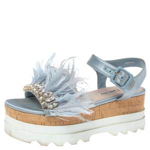  Miu Miu Blue Satin Feather/Crystal Embellished Platform Sandals Size 38