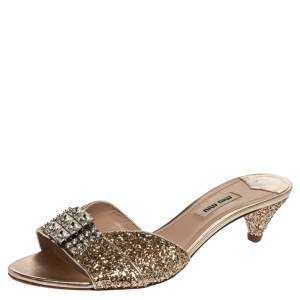 Miu Miu Coarse Glitter Crystal Embellished Mules Sandals Size 39.5