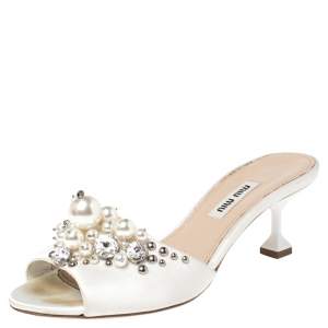 Miu Miu Cream Satin Crystal/Pearl Embellished Slide Size 35