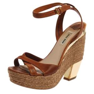 Miu Miu Brown Leather Espadrilles Wedge Platform Crisscross Ankle Strap Sandals Size 38