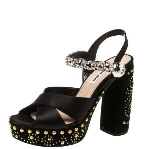 Miu Miu Black/Green Satin and Studded Velvet Crystal Embellished Platform Ankle Strap Sandals Size 38.5