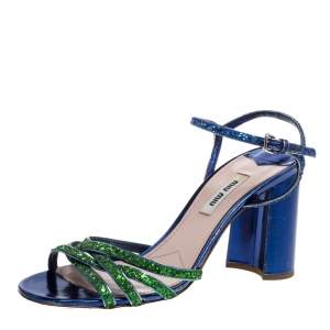 Miu Miu Green/Blue Glitter Strappy Block Heels Sandals Size 39