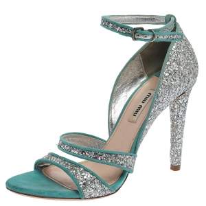 Miu Miu Silver/Blue Coarse Glitter And Suede Trims Open Toe Ankle Strap Sandals Size 38