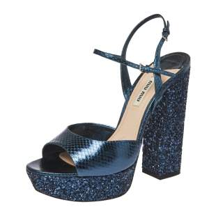 Miu Miu Blue Python Embossed Leather Glitter Block Heel Platform Slingback Sandals Size 38.5 