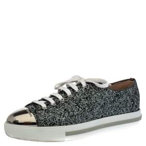 Pre Owned Miu Miu Metallic Grey Coarse Glitter Metal Cap Toe Low Top Sneakers Size 38