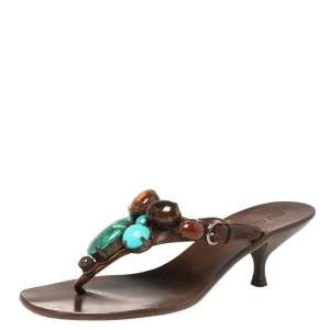 Miu Miu Brown Leather  Beaded Thong Sandals Size 37