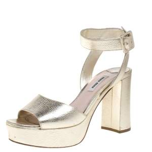 Miu Miu Gold Leather Block Heel Ankle Strap Platform Sandals Size 36