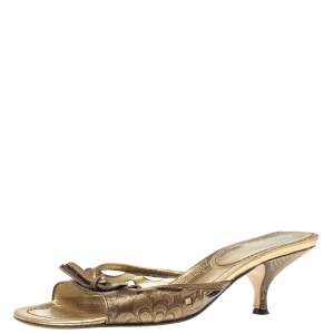  Miu Miu Gold Brocade Embossed  Leather Cut Out Bow Sandals Size 37