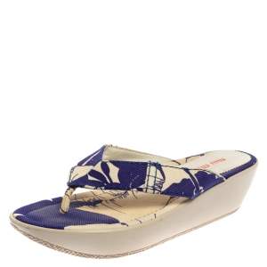 Miu Miu Blue/White Printed Canvas Thong Wedge Sandals Size 37