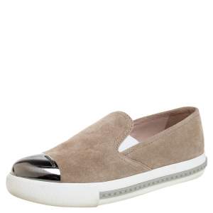 Miu Miu Beige Suede Metal Cap Toe Platform Slip On Sneakers Size 36.5