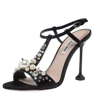 Miu Miu Black Satin Embellished T-strap Sandal Size 37