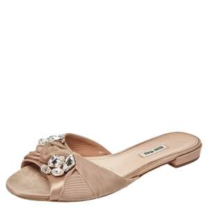 Miu Miu Beige Satin And Fabric Knot Crystal Embellished Open Toe Slide Sandals Size 39