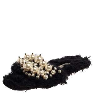Miu Miu Black Fur Pearl Slide Sandals Size 35.5