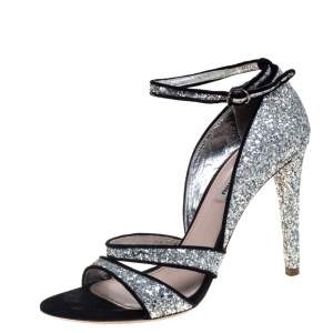 Pre Owned Miu Miu Silver Coarse Glitter And Suede Trims Open Toe Ankle Strap Sandals Size 40