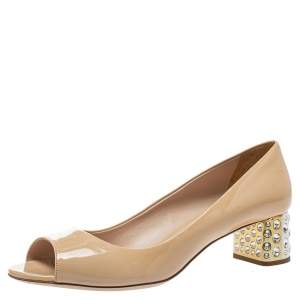 Miu Miu Beige Patent Leather Crystal Embellished Heel Pumps Size 40.5