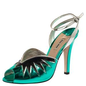 Miu Miu Green/Black  Leather Ankle Strap  Peep-Toe Sandals Size 40