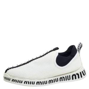 Pre Owned Miu Miu White Mesh Crystal Embellished Slip On Sneakers Size 39.5