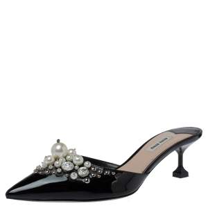 Miu Miu Black Patent Leather Embellished Pointed Toe Mules Size 39.5 