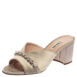 Miu Miu Grey Satin Crystal Embellished Slide Mule Sandals Size 37.5