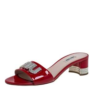 Miu Miu Red Patent Leather Embellished Slide Sandals Size 39