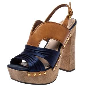 Miu Miu Blue Satin And Leather Studded Platform Sandals Size 39