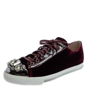 Pre Owned Miu Miu Burgundy Velvet Embellished Cap Toe Low Top Sneakers Size 40