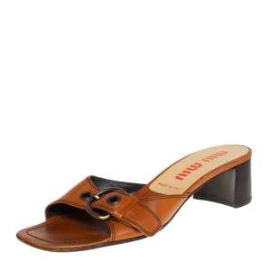 Miu Miu Brown Leather Buckle Embellished Slide Sandals Size 38