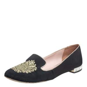 Miu Miu Black Canvas Embroidered Crystal Embellished Smoking Slippers Size 36