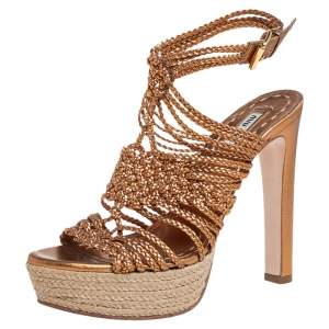 Pre Owned Miu Miu Gold Woven Leather Strappy Platform Espadrille Sandals Size 38