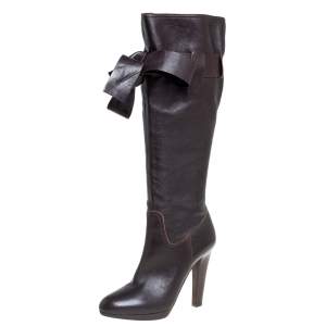 Pre Owned Miu Miu Brown Leather Knee High Boots Size 37.5