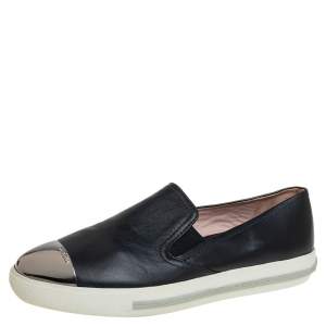 Pre Owned Miu Miu Black Leather Metal Cap Toe Slip On Sneakers Size 38.5 