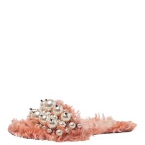 Miu Miu Pink Shearling Pearl Flat Sandals Size 36.5