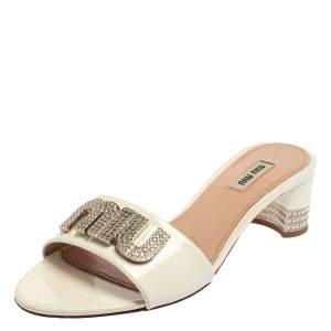 Miu Miu White Patent Leather Embellished Sandals Size 37.5