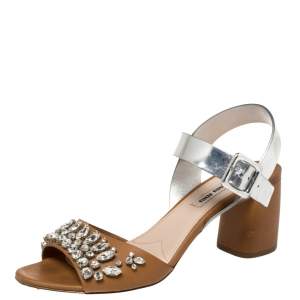 Miu Miu Brown/Metallic Silver Patent Leather and Leather Crystal Embellished Block Heel Ankle Strap Sandals Size 38.5