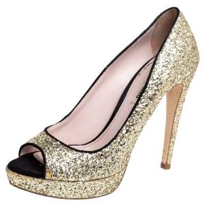 Miu Miu Gold/Black Glitter And Suede Peep Toe Platform Pumps Size 38