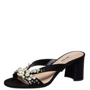 Miu Miu Black Satin Crystal And Pearl Embellished Slide Sandals Size 39