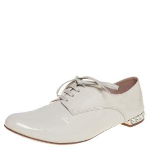 Miu Miu Cream Patent Leather Crystal Embellished Heel Lace Derby Size 38