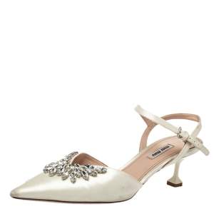 Miu Miu White Satin Crystal Embellished Sandals Size 40