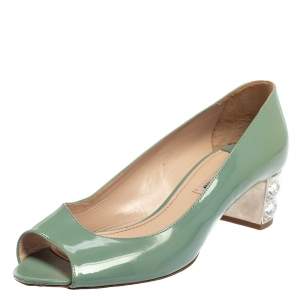 Miu Miu Teal Green Patent Leather Embellished Heel Peep Toe Pumps Size 37