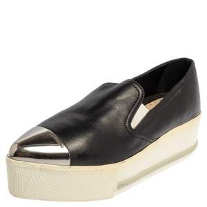 Pre Owned Miu Miu Black Leather Metal Cap Toe Slip On Sneakers Size 37
