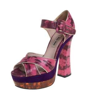 Miu Miu Pink Python Embossed Leather Platform Sandals Size 36.5