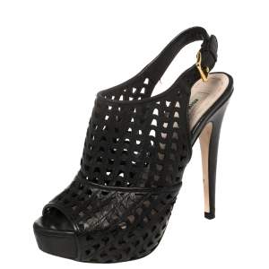 Miu Miu Black Leather Laser Cut Peep Toe Slingback Sandals Size 35