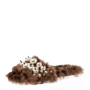 Miu Miu Brown Fur Pearl Embellished Sandals Size 40