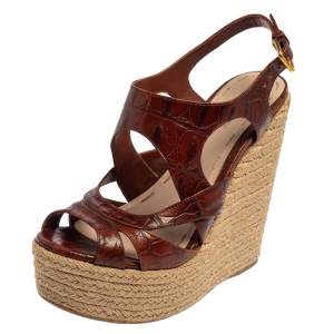 Miu Miu Brown Embossed Leather Espadrille Wedge Sandals Size 37.5