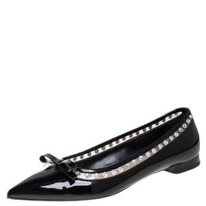 Pre Owned Miu Miu Black Patent Leather Crystal Embellished Pointed Toe Ballet Flats Size 36.5
