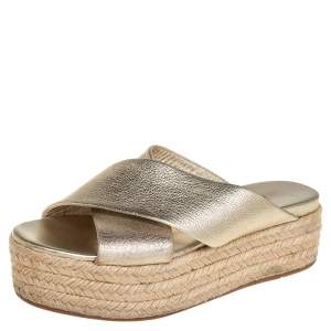 Miu Miu Metallic Gold Textured Leather Criss Cross Platform Espadrilles Size 38