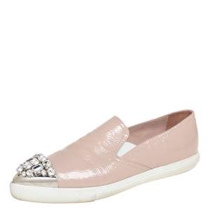 Pre Owned Miu Miu Beige Patent Leather Crystal Embellished Cap Toe Slip On Sneakers Size 38.5