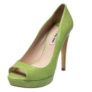Miu Miu Green Leather Peep Toe Pumps Size 38