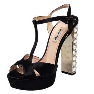 Miu Miu Black Satin T-Strap Crystal Embellished Heel Platform Sandals Size 38