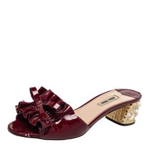 Miu Miu Burgundy Ruffle Patent Leather Crystal Embellished Slide Sandals Size 38.5